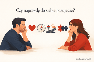 Grafika tytułowa przedstawiająca parę idącą wspólną ścieżką ułożoną z puzzli, symbolizującą dopasowanie w związku, wspólne wartości i budowanie trwałej relacji.