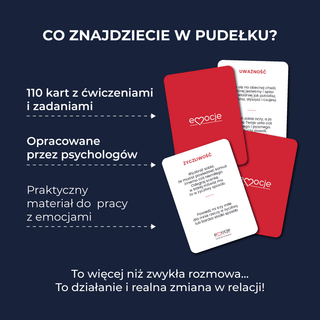 Zawartość gry Emocje Wspólne wyzwania – 110 kart z ćwiczeniami i zadaniami stworzonymi przez psychologów