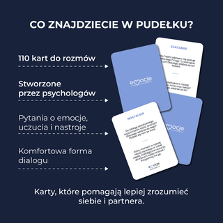 Zawartość gry dla par Emocje Nasze Rozmowy – 110 kart z pytaniami o emocje, uczucia i nastroje