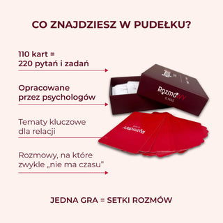 Zawartość gry Rozmowy o Nas Związek i Relacja – 110 kart, 220 pytań i zadań opracowanych przez psychologów