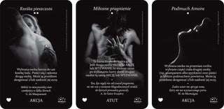 Zestaw trzech kart z tali gry dla par arkana miłości przedstawiające namiętne chwile.