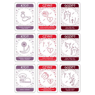 Grafika przedstawia przykładowe karty z gry Oh yes Purple, ułożone rzędami.