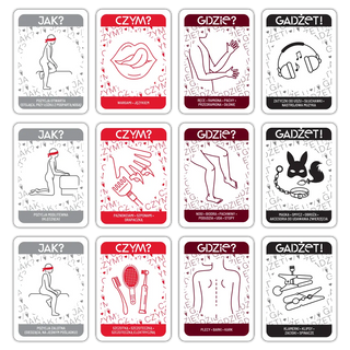 Grafika przedstawia przykładowe karty z gry Oh yes red ułożone rzędami.