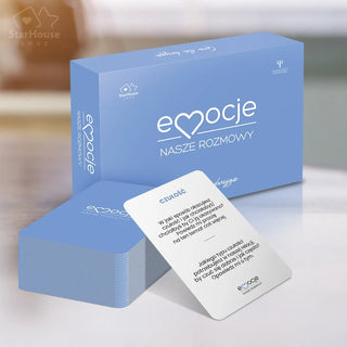 Przód niebieskiego opakowania gry Emocje Nasze Rozmowy na neutralnym tle prezent dla par.