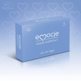 Przód niebieskiego opakowania gry dla par Emocje Nasze Rozmowy na tle niebieskich serc.