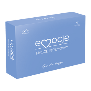 Przód niebieskiego opakowania Emocje Nasze Rozmowy gra dla dwojga na randkę.