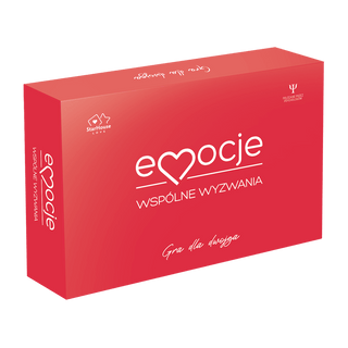 Przód czerwonego opakowania Emocje Wspólne Wyzwania gra dla par na walentynki.