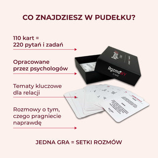 Zawartość gry Rozmowy o Nas Intymność i Namiętność – 110 kart i 220 pytań do rozmów dla par