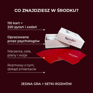 Zawartość gry Rozmowy o Nas Marzenia i Plany – 110 kart i 220 pytań do rozmów o celach i wizjach